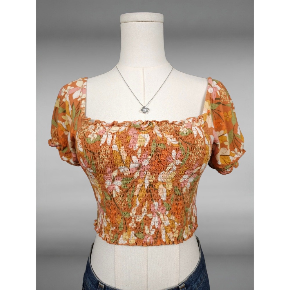 Aerie‎ Cottagecore Floral Smocked Puff Sleeve Cropped Blouse Orange Womens S